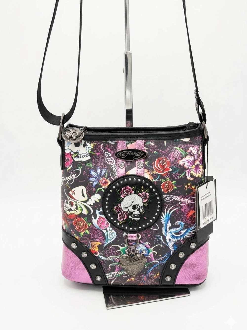 Ed Hardy Black and Pink Floral Skull Studded Crossbody Bag